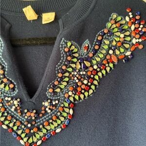 Anthropologie Moth Embroidered Embellished 3/4 Sleeve Pullover Blue Sweater